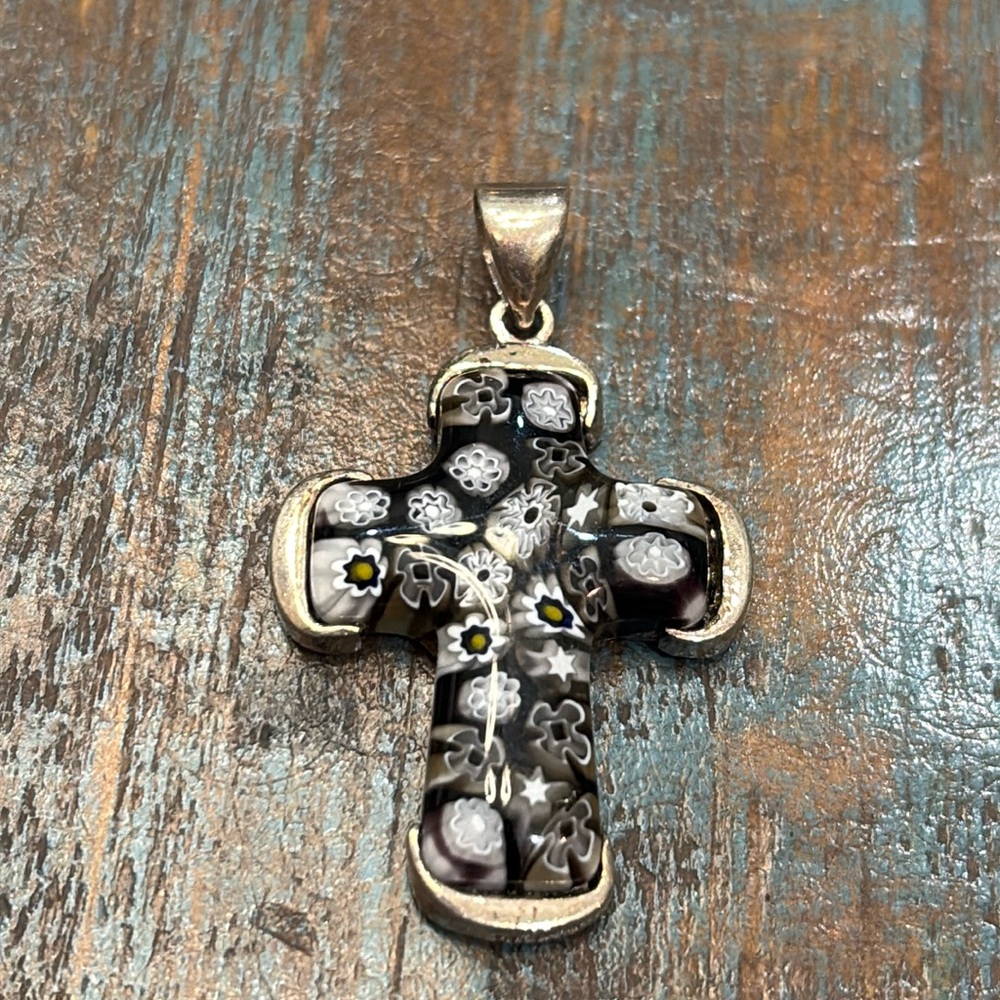 Alan K Necklace Millefiori Flower Cross Pendant 925 Sterling Silver Black